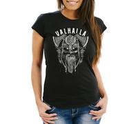 Neverless® Damen T-Shirt Aufdruck Valhalla Wikinger Helm Viking Odin Krieger Fashion Streetstyle Slim Fit Schwarz L
