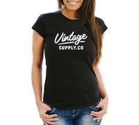 Neverless® Damen T-Shirt Bedruckt Vintage Schriftzug Retro Design Aufdruck Print Fashion Streetstyle Slim Fit Schwarz-Weiss XL