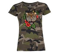 Neverless® Damen T-Shirt Camouflage Camo-Shirt Tiger Tropical Palmblätter Sommer Stick-Patch-Optik Tarnmuster Schwarz L
