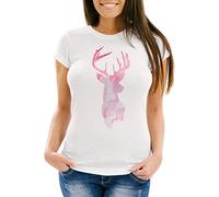 Neverless Damen T-Shirt Hirsch Geweih Kopf Deer Watercolor Polygon Tier Slim Fit Weiss-rosa 3XL