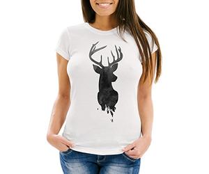 Neverless Damen T-Shirt Hirsch Geweih Kopf Deer Watercolor Polygon Tier Slim Fit Weiss-schwarz L