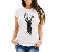 Neverless Damen T-Shirt Hirsch Geweih Kopf Deer Watercolor Polygon Tier Slim Fit weiß-schwarz XXL
