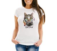 Neverless Damen T-Shirt Katze Boho Federn Cat Indianer Slim Fit Weiss XL