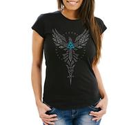 Neverless® Damen T-Shirt Rabe Munin Raven Odin Valknut Valhalla Wikinger Walküre Mythologie Runen Slim Fit schwarz XS