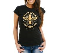 Neverless® Damen T-Shirt Surfing Motiv Vintage Effekt Palm Beach California USA Schriftzug Fashion Streetstyle Slim Fit Schwarz XXL