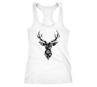 Neverless® Damen Tank-Top Hirsch-Geweih Blumen Muster Scherenschnitt Art Print Tiermotiv Printshirt Racerback Weiss XL