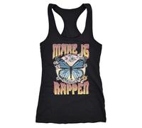 Neverless® Damen Tank-Top Schmetterling Flower Power Motiv Grafik Bedruck Hippe Style Sommer Fashion Racerback Schwarz M