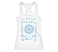 Neverless® Damen Tank-Top Statement Spruch Stay Positive Good Vibes Only Sonne Smile Sommer Fashion Racerback Weiss-blau XL