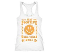 Neverless® Damen Tank-Top Statement Spruch Stay Positive Good Vibes Only Sonne Smile Sommer Fashion Racerback Weiss-gelb S