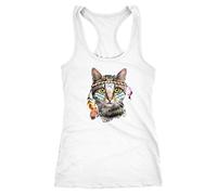 Neverless Damen Tank Top Tanktop Indianer Katze Boho Cat Bohemian Federn Racerback Weiss L