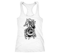 Neverless® Damen Tank-Top Wolf Fenrir Fabelwesen Wikinger nordische Mythologie Odin Fashion Streetstyle Racerback weiß L
