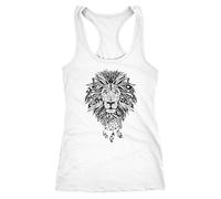 Neverless Damen Tank-Top Zentangle Löwe Lion Atzekenmuster Boho Bohamian Atzec Federn Traumfänger Weiss L