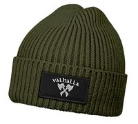 Neverless® Herren Beanie Wintermütze Patch Valhalla Viking Axt Nordische Mythologie Odin Print Streetstyle Strickmütze Rippstrick Oliv Unisize