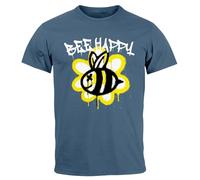 Neverless® Herren T-Shirt Aufdruck Bee Happy Biene Blume Graffiti SchriftzugFashion Streetstyle Denim Blue M