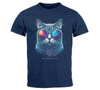 Neverless® Herren T-Shirt Aufdruck Katze Cat Sommer Sonnenbrille Style Fashion Print Fashion Streetstyle Navy 4XL