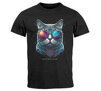 Neverless® Herren T-Shirt Aufdruck Katze Cat Sommer Sonnenbrille Style Fashion Print Fashion Streetstyle schwarz 5XL