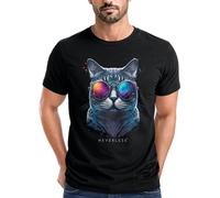 Neverless® Herren T-Shirt Aufdruck Katze Cat Sommer Sonnenbrille Style Fashion Print Fashion Streetstyle Schwarz XXL