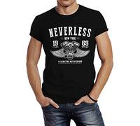 Neverless Herren T-Shirt Biker Motorrad Motorblock Engine Flügel Wings Slim Fit Schwarz L