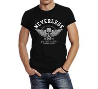 Neverless Herren T-Shirt Biker Motorrad Motorblock Engine Flügel Wings Slim Fit Schwarz S