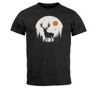 Neverless® Herren T-Shirt Frontprint Hirsch Wald Outdoor Natur Wildnis Printshirt Männer Fashion Streetstyle schwarz 5XL