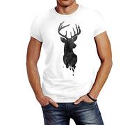 Neverless Herren T-Shirt Hirsch Geweih Kopf Deer Watercolor Polygon Tier Slim Fit weiß L