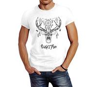Neverless Herren T-Shirt Hirsch Geweih Traumfänger Atzekenmuster Boho Atzec Federn Ethno Weiss S