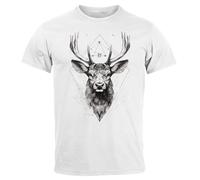 Neverless® Herren T-Shirt Hirsch Trachtenshirt Tiermotiv Wildtier Abstrakt Polygon Kunst Printshirt Fashion weiß M