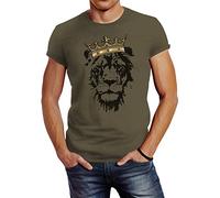 Neverless Herren T-Shirt König der Tiere Löwen-Kopf mit Krone Slim Fit Army L