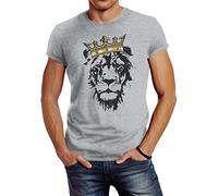 Neverless Herren T-Shirt König der Tiere Löwen-Kopf mit Krone Slim Fit Grau L