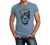Neverless Herren T-Shirt König der Tiere Löwen-Kopf mit Krone Slim Fit Stone-Blue XXL