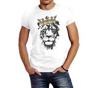 Neverless Herren T-Shirt König der Tiere Löwen-Kopf mit Krone Slim Fit Weiss XXL