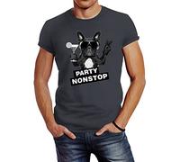 Neverless Herren T-Shirt Party Nonstop Mops French Bulldog Slim Fit dunkelgrau M