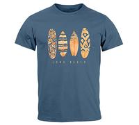 Neverless® Herren T-Shirt Surfing Fashion Aufdruck Long Beach Surfboard Sommer Strand Streetstyle blau-gelb XL
