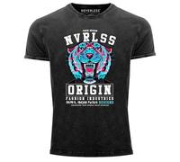 Neverless® Herren T-Shirt Tiger Motiv Vintage Shirt Printshirt Origin Tokio Design Schriftzug Tigerkopf Print Tattoo Style Aufdruck Used Look Slim Fit Schwarz M
