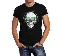 Neverless® Herren T-Shirt Totenkopf Kopfhörer Musik Party Skull Sonnenbrille Schädel Sounds of Detroit Music Slim Fit Schwarz L