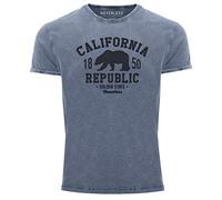 Neverless® Herren T-Shirt Vintage Shirt Printshirt California Republic Kalifornien Golden State Grizzly Bär Bear Logo Used Look Slim Fit blau-schwarz XL