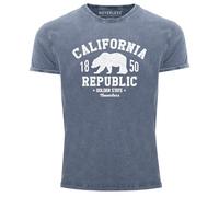 Neverless® Herren T-Shirt Vintage Shirt Printshirt California Republic Kalifornien Golden State Grizzly Bär Bear Logo Used Look Slim Fit Blau XXL