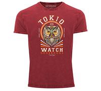 Neverless® Herren T-Shirt Vintage Shirt Printshirt Design Print Eule Motiv Tokio Watch Schriftzug Fashion Streetstyle Aufdruck Used Look Slim Fit rot L