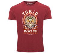 Neverless® Herren T-Shirt Vintage Shirt Printshirt Design Print Eule Motiv Tokio Watch Schriftzug Fashion Streetstyle Aufdruck Used Look Slim Fit Rot XL