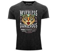 Neverless® Herren T-Shirt Vintage Shirt Printshirt Design Print Katzenkopf Dangerous Cat Motiv Japan Tokio City Schriftzug Fashion Streetstyle Used Look Slim Fit Schwarz XL