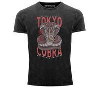 Neverless® Herren T-Shirt Vintage Shirt Printshirt Japan Kobra Print Motiv Tokyo Schrift Aufdruck Used Look Slim Fit