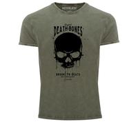 Neverless® Herren T-Shirt Vintage Shirt Printshirt Skull Death and Bones Totenkopf Club Outfit Used Look Slim Fit Oliv XL