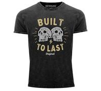 Neverless® Herren T-Shirt Vintage Shirt Printshirt Totenkopf Print Built to Last Schriftzug Rocker Biker Racing Design Aufdruck Used Look Slim Fit Schwarz M