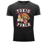 Neverless® Herren T-Shirt Vintage Shirt Tokio Punch Schriftzug Tigerkopf Print Tattoo Style Used Look Slim Fit Schwarz-rot L
