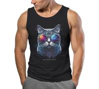 Neverless® Herren Tank-Top Aufdruck Katze Cat Sommer Style Fashion Streetstyle Muskelshirt Muscle Shirt Schwarz M