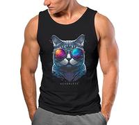 Neverless® Herren Tank-Top Aufdruck Katze Cat Sommer Style Fashion Streetstyle Muskelshirt Muscle Shirt schwarz L
