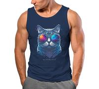 Neverless® Herren Tank-Top Aufdruck Katze Cat Sommer Style Fashion Streetstyle Muskelshirt Muscle Shirt Navy 3XL