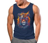 Neverless® Herren Tank-Top Tiger Print Aufdruck Flammen Sommer Sonnenbrille Kunst Fashion Streetstyle Muskelshirt Navy S