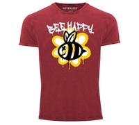 Neverless® Herren Vintage-Shirt Aufdruck Bee Happy Biene Blume Graffiti Schriftzug Fashion Streetstyle rot L