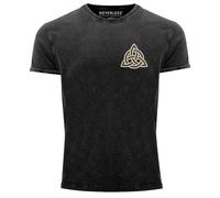 Neverless® Herren Vintage-Shirt Aufdruck Logo Wikinger nordische Mythologie Valknut Wotansknoten Valhalla Schwarz M